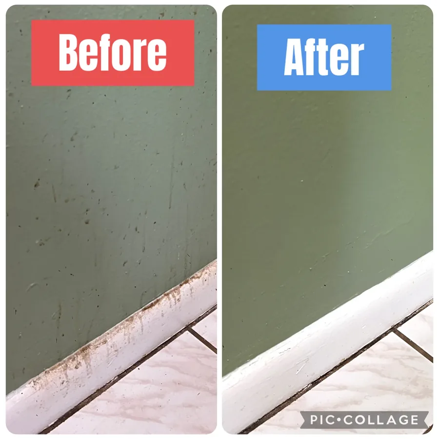 Baseboard and tile edge before and after cleaning, built-up grime removed