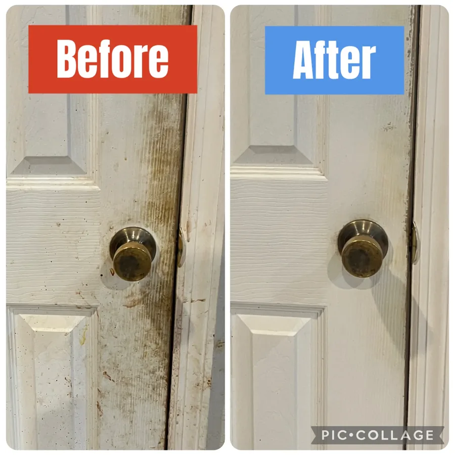 Interior door before and after cleaning, grime removed from the panels and around the handle